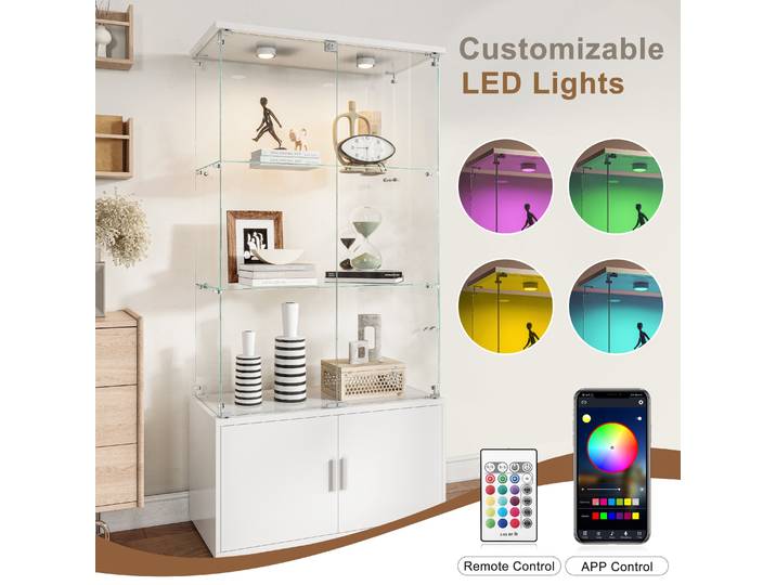 Vitrine en verre Rosahqnda avec éclairage LED, 4 niveaux et 2 portes verrouillables, armoire en bois moderne pour collectionneur