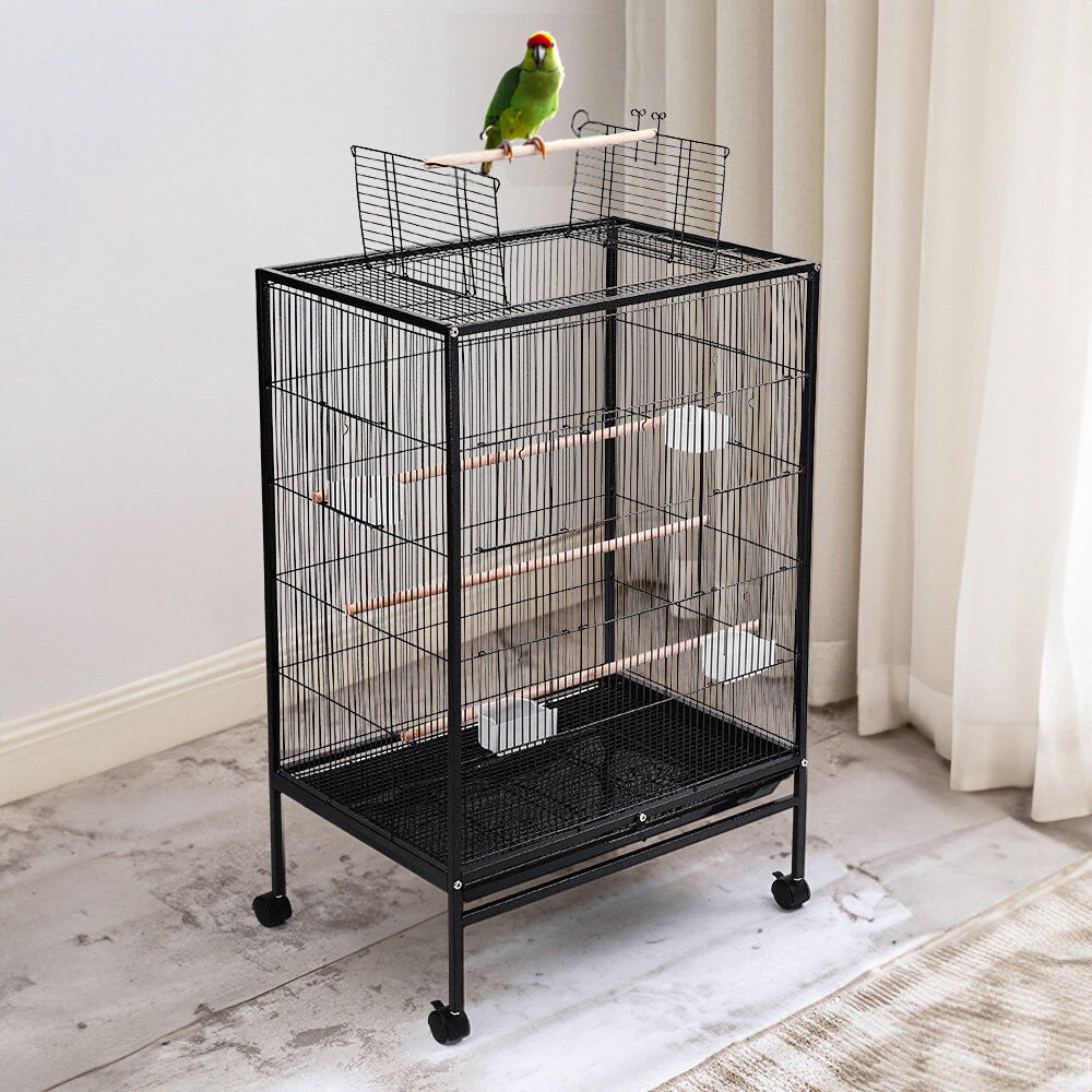 Archie & Oscar 94cm Iron Flat Top Floor Bird Cage with Wheels Black 94cm H X 63.5cm W X 45cm D