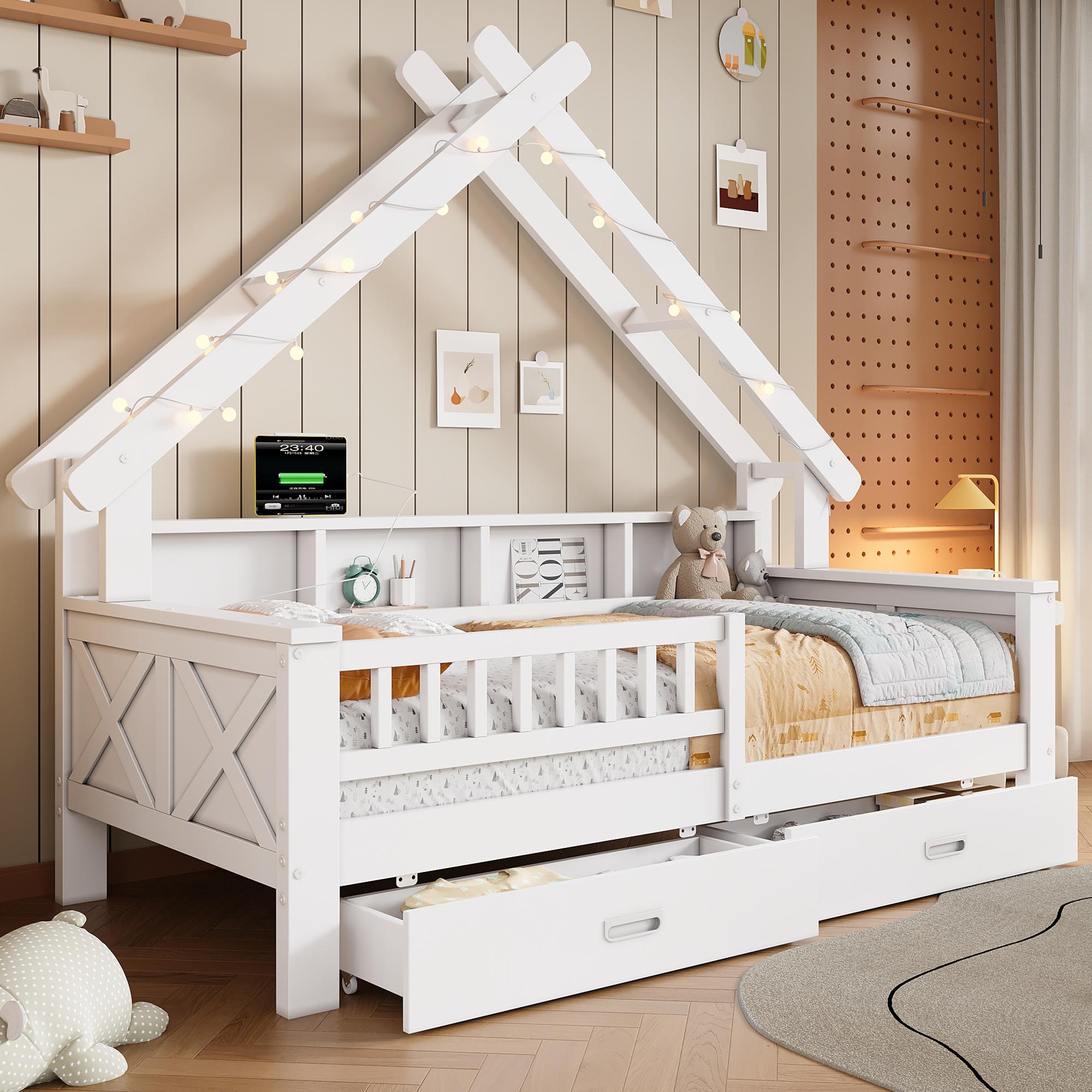 MODFU Kinderbett 90x200 Plattformbetten in Hausform,Einzelbett mit LED-Beleuchtung und Schutzgitter,Bettrahmen Bettgestell mit Schubladen und Ablagefächern, ohne Matratze,Weiß