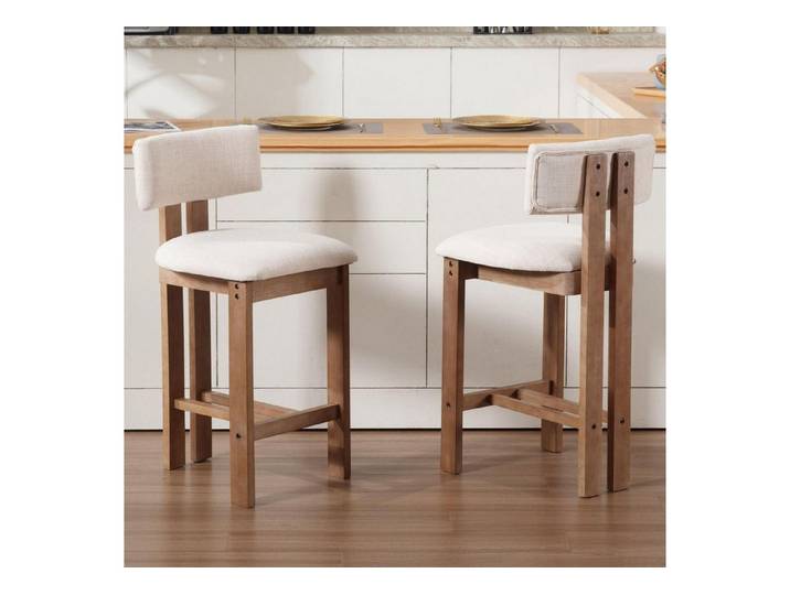 LuxusKollektion Barhocker Barhocker 2er Set Leinen Holz Lehne Thekenhocker Beige