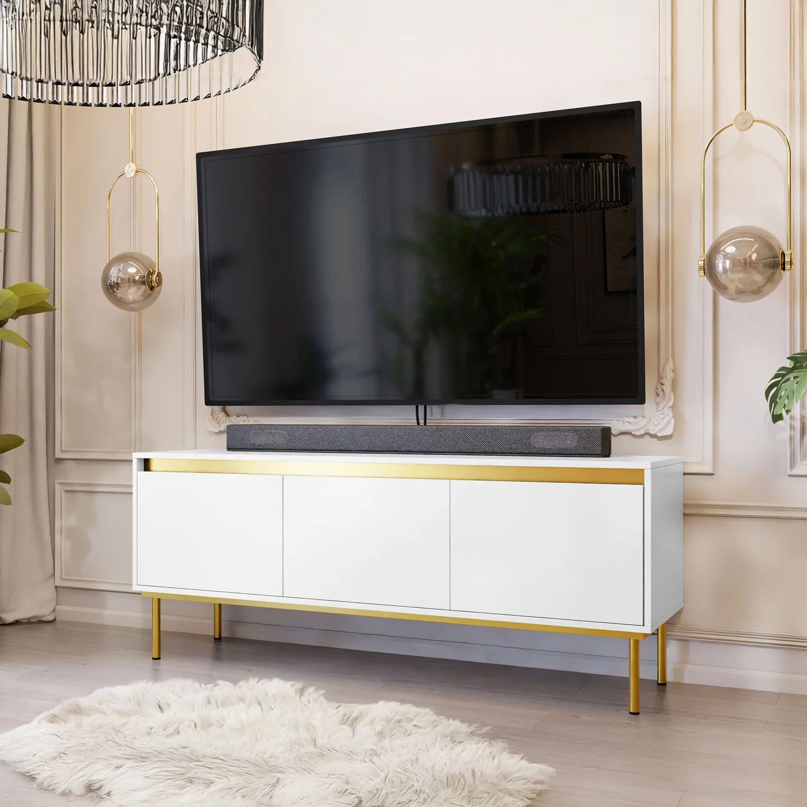garneroarredamenti Mobile porta TV 150x60h cm 3 ante bianco oro Praga