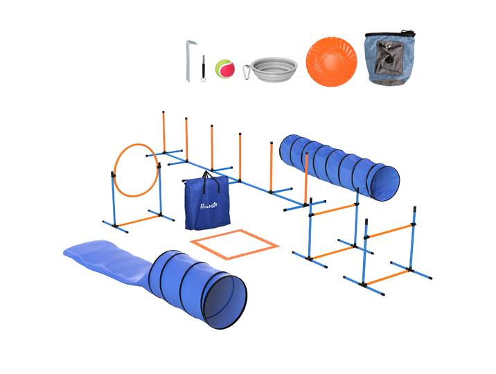 PawHut - Ensemble d'Agilité pour Chien 11 Pièces avec 2 Tunnels, Sauts Ajustables, Anneau, Piquets, Zone de Pause, Sac pour Fria