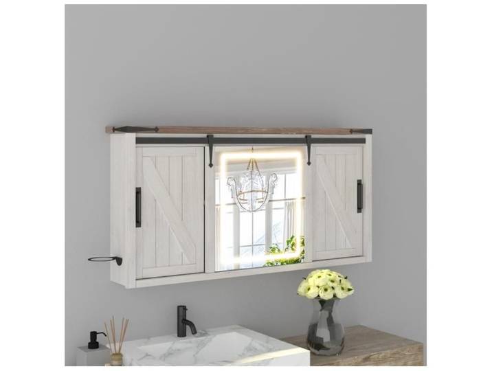 LED Armoire murale salle de bain-avec miroir et 2 Portes -Étagère réglable-Sliding barn doors design-131x57x11.5cm-blanc