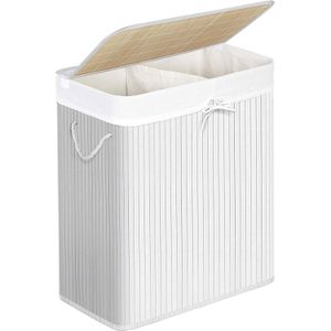 Songmics Wäschekorb LCB64WT, weiß, mit 2 Fächern, Bambus, faltbar, 51,5, x 60,5 x 31,5 cm, 100 Liter