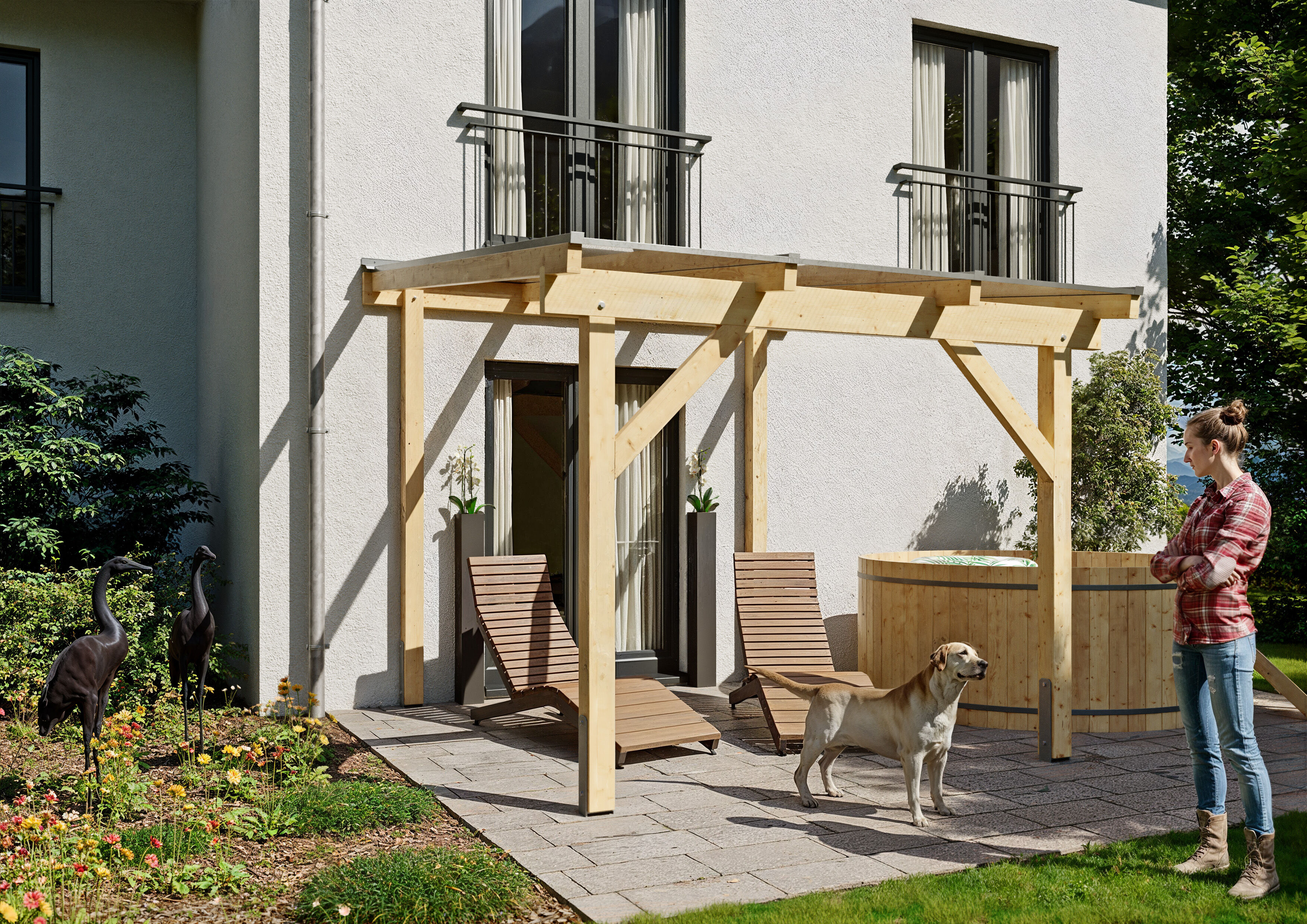 Terrassendach KONIFERA "Atlas", beige (unbehandelt), B:308,4cm T:350cm, Fichtenholz, Leimholz, Polycarbonat (PC), Terrassenüberdachungen, Terrassendach, Bausatz aus naturbel. Leimholz mit lichtdurchl. Polycarbonat-Pultdach