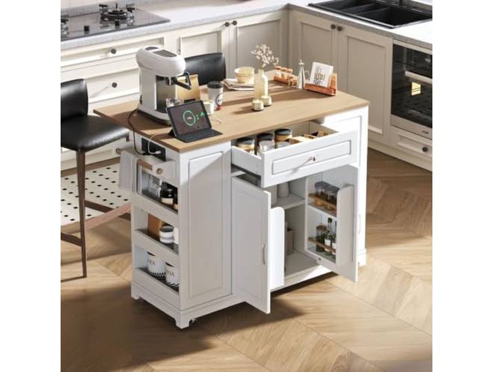 Fiednoy Kücheninsel mit Rollen und Steckdosen, Mobile Arbeitsfläche, Ausziehbarer Essbereich, Abfallbehälterfach, Schubladen, Weiß, Smart Kitchen, 131,8x40x93,3 cm