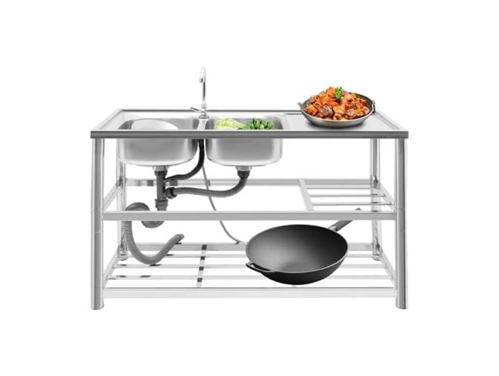 Edelstahl Spülbecken, 47 * 17.7 * 31.5 In Freistehend Doppelbecken Küchenspüle Gewerbliche Komplettspülen Multifunktionales Doppelwaschbecken mit Wasserhahn für Restaurants, Wäschereien, Geschäften