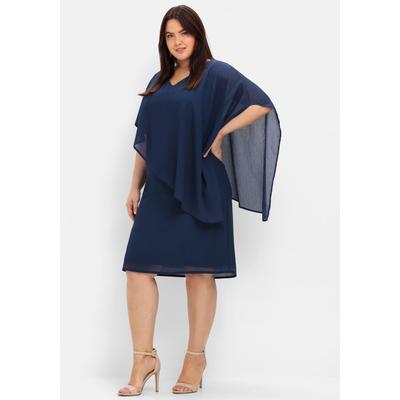 Cocktailkleid SHEEGO "Cocktailkleid", Damen, Gr. 50, Normalgrößen, blau (marine), 100% Polyester, unifarben, knielang, V-Ausschnitt, Kleider