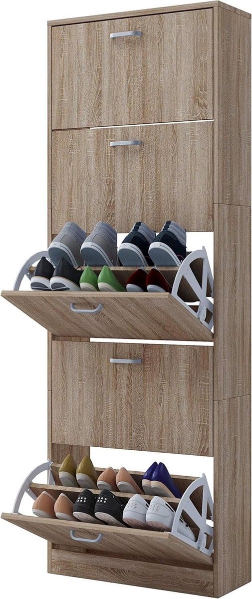 Ruimtebesparende houten schoenenkast met 5 kleppen in Sonoma Eik