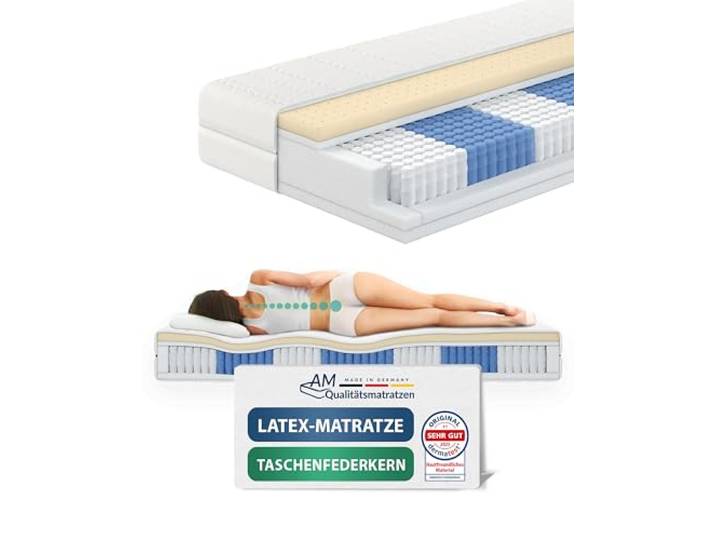 AM Qualitätsmatratzen Premium Latex-Taschenfederkernmatratze 140x200cm H2 24cm - Made in Germany & Oeko TEX Siegel - 7 Zonen Latex-Federkernmatratze 140x200 mit 1000 Federn & Lyocell Bezug
