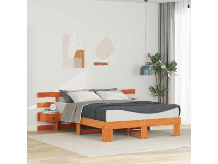 RJPLMFV Bettgestell mit Kopfteil, Braun, 150 x 200 cm, massives Kiefernholz Lattenrost inklusive, Plattform-Design, einfache Montage, einfache Reinigung