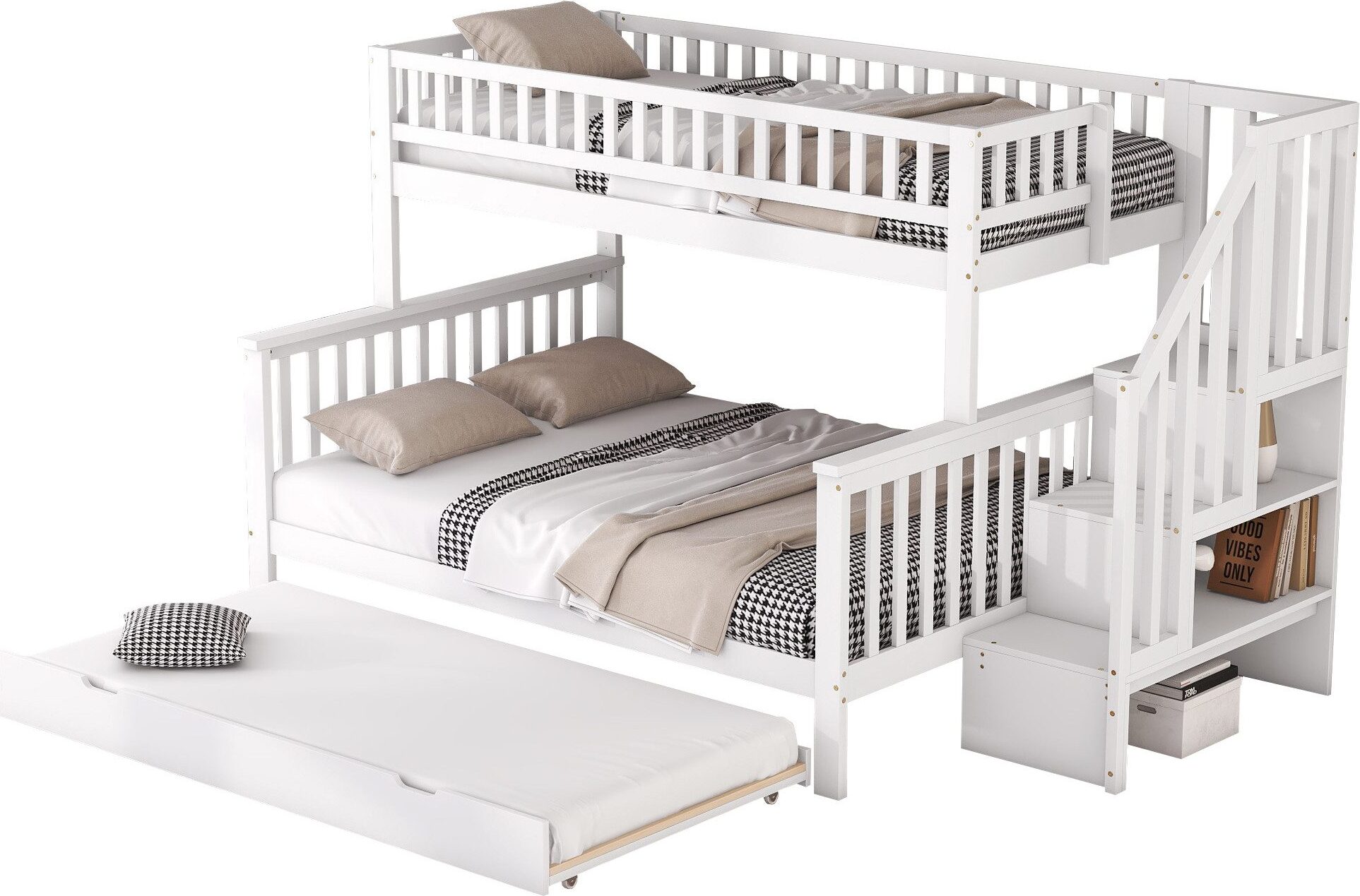 Etagenbett 90 x 200cm/140 x 200cm Kinderbett Bett mit Rollcontainer Treppe Gaestebett Doppelbett Holzbett in schlichtem Design ohne Matratze Jugendbett
