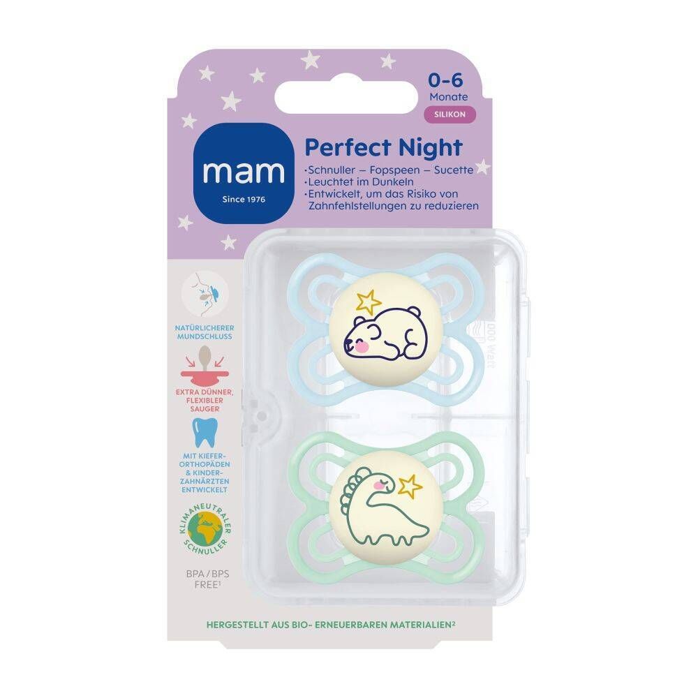 MAM Perfect Night Fopspeen Silicone Blue 0-6 2 St Schnuller