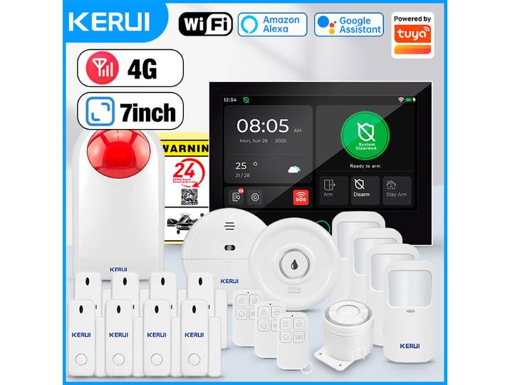 Système d'alarme intelligent KERUI compatible Alexa WiFi/4G GSM avec écran tactile IPS de 7 pouces, système d'alarme de sécurité domestique