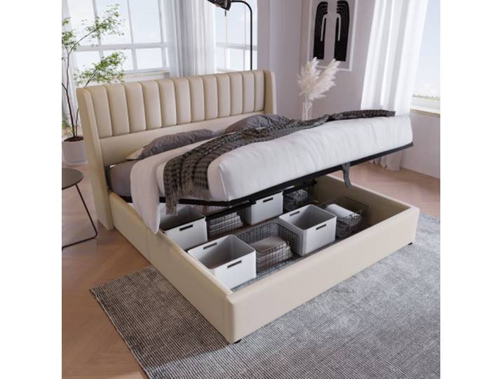 Lit double 160x200cm - Lin beige - Hydraulique - Espace de rangement - Design moderne
