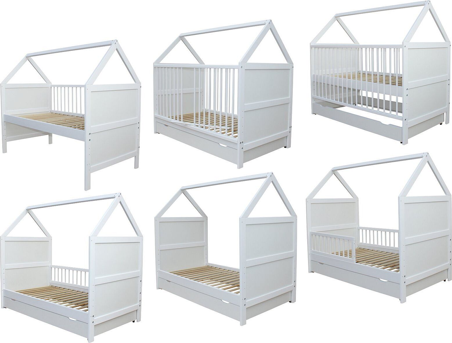 Babybett Kinderbett Juniorbett Bett Haus 140x70cm mit Schublade weiss 0 bis 6 Jahre