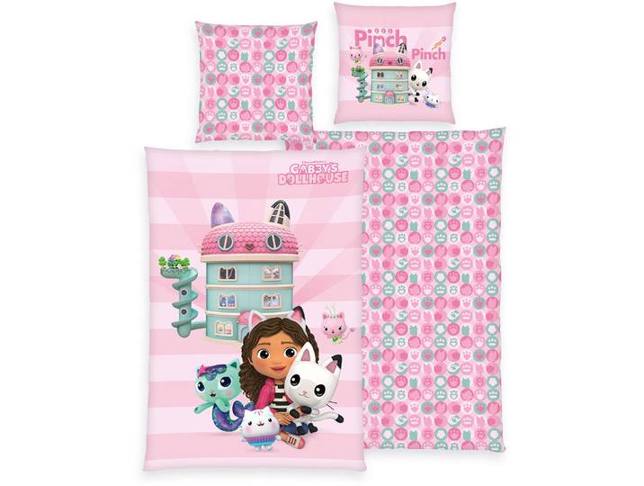 Kinderbettwäsche Gabbys Dollhouse , bunt, B/L: 135cm x 200cm, 1 Stk., 1 Stk., Renforcé, B/L: 80cm x 80cm, 2 Stk., Renforcé, Obermaterial: 100% Baumwolle, DREAMWORKS GABBY’S DOLLHOUSE, Bettwäsche, Kinderbettwäsche, mit tollem Motiv