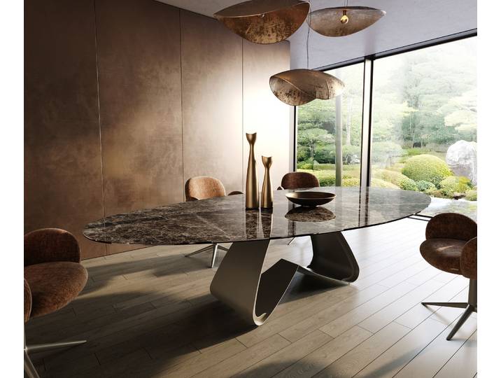 Esstisch Edge Oval 315x150 cm Keramik Emperador Extra Lucidato Dunkelbraun W-Gestell Metall Effektfinish Titan, Esstische