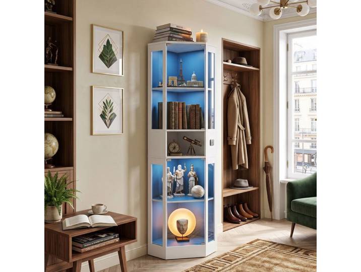 Vitrine d'Angle 57x40x165 cm Gain de Place 5 Niveaux Design Soigné en Verre LED 3 Couleurs Détecteur Intelligent - Blanc