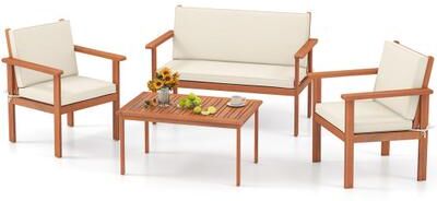 Costway 4 Pieces Patio Furniture Set Acacia Wood Porch Chairs with Table-White