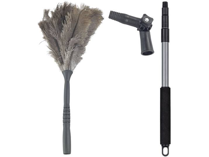 Staubwedel MAXIMEX Straußenfeder mit Knickgelenk und Teleskopstiel , schwarz (schwarz, grau), H:191cm Ø:30cm, Kunststoff, Stahl, Staubwischer, Staubwedel, Staubbesen, knickbar, für empfindliche Oberflächen
