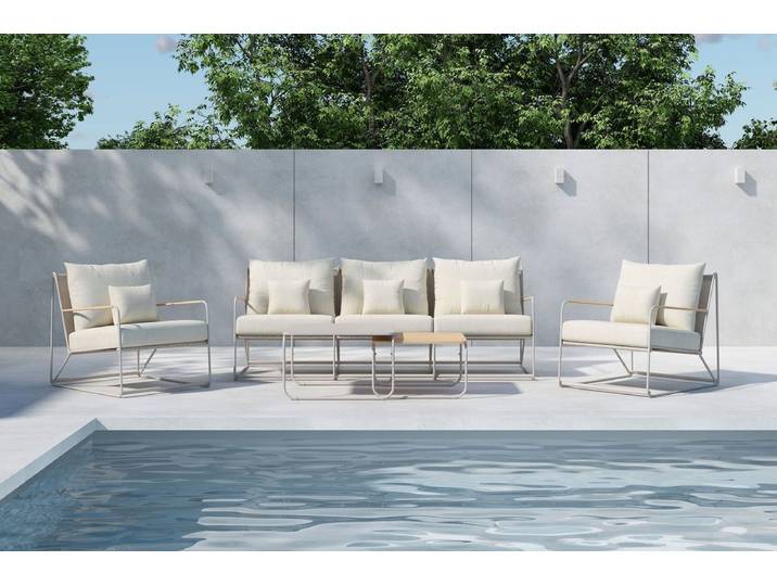 Garten Loungeset Santorini – wetterfest in mediterranem Design mit Kissen - Beige - Luxusbetten24