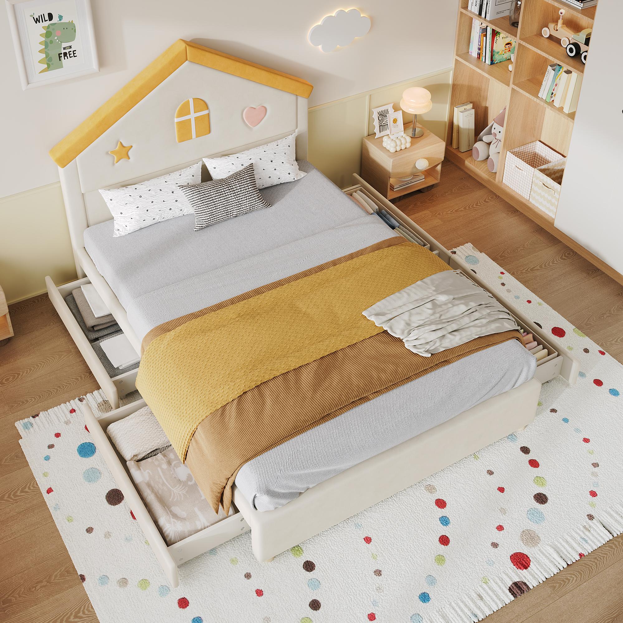 okwish Kinder-Hausbett 140×200 mit 4 Schubladen, Einzelbett mit gepolstertem Haus-Kopfteil, Polsterbett in Beige,ohne Matratze