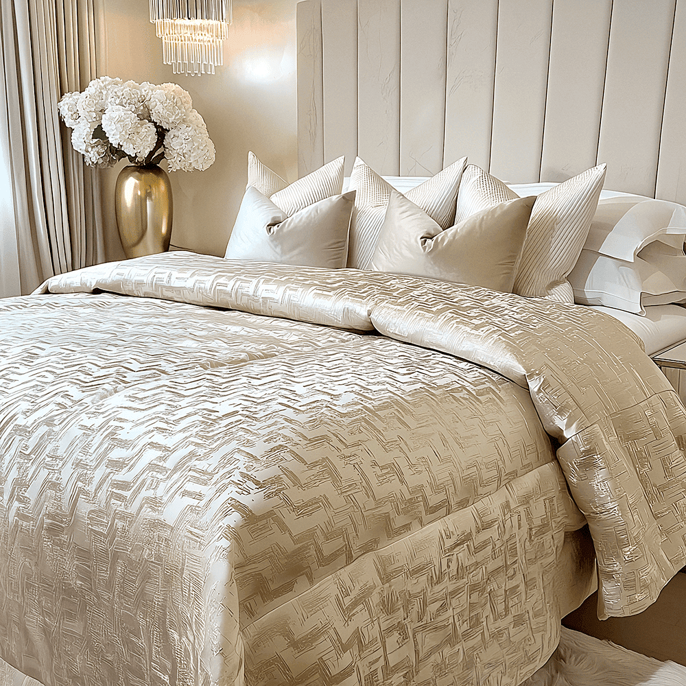 Sorrel Cream & Gold Metallic Abstract Patterned Bedspread, Emperor