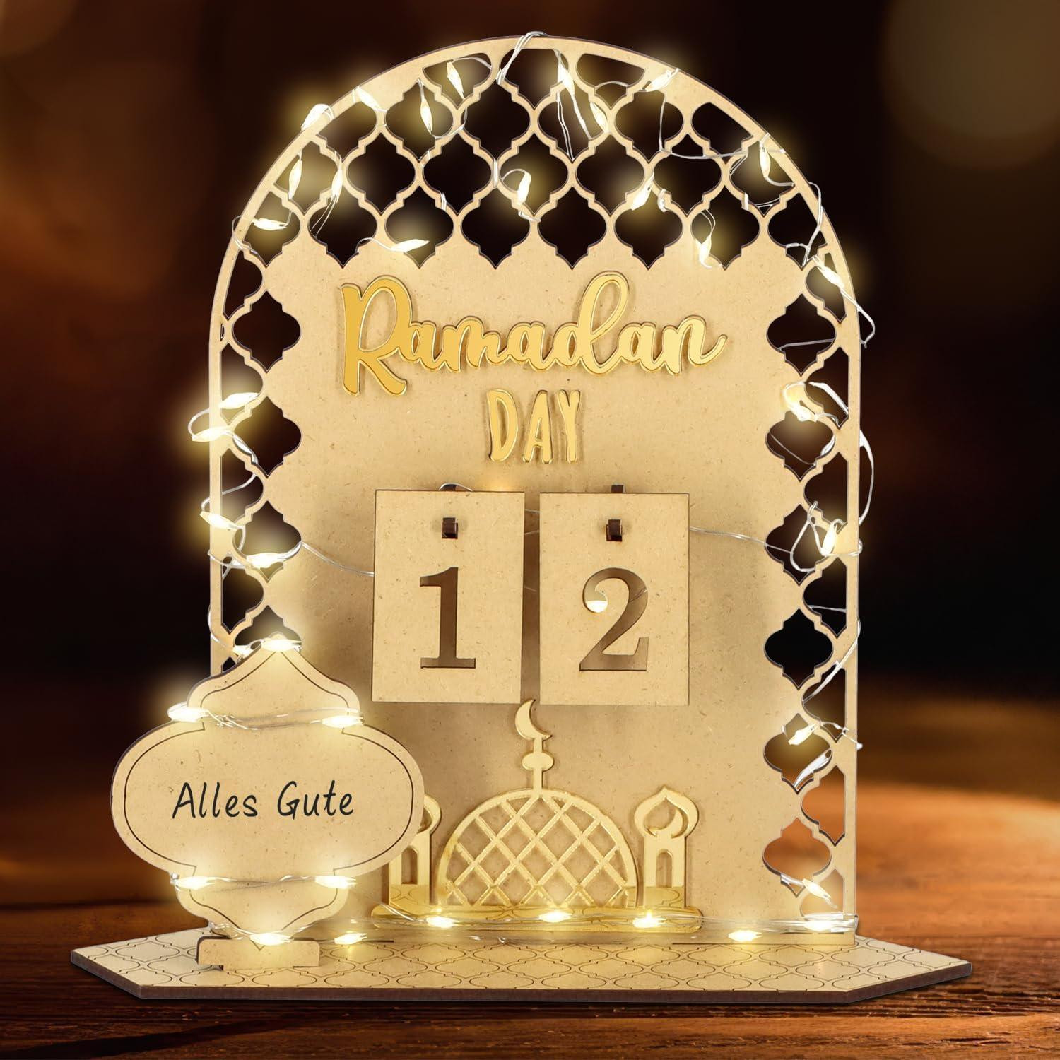 oCreon Ramadan-kalender van hout met led-lichtsnoer voor kinderen