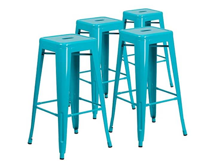 Flash Furniture Barhocker, kommerzielle Qualität, 76 cm hoch, ohne Rückenlehne, Metall, für Innen- und Außenbereich, quadratische Sitzfläche, Eisen, Kunststoff, Kristall-Türkisblau, 4 Stück