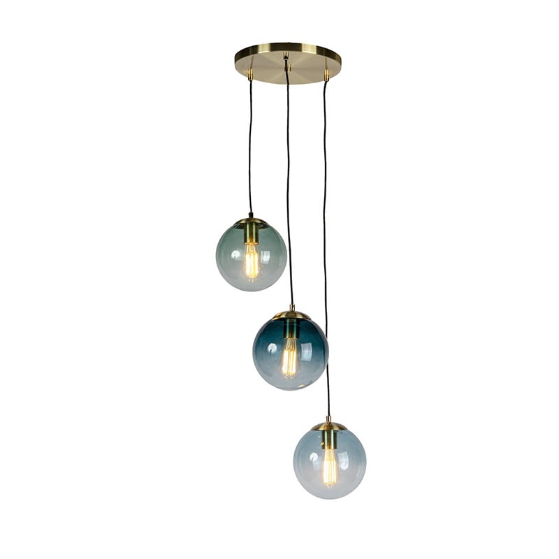 Qazqa Pallon Art Deco hanglamp messing met blauw glas