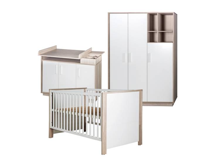 Kinderzimmerset 'Olaf' inkl. Kombi-Bett 70 x 140 cm, Wickelkommode & 3-türigem Schrank, Luna Elm/weiß