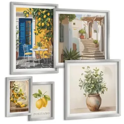 BILDER SET 5er Set - 50x50 cm & 20x30 cm & 40x60 cm Silberner Rahmen - Anker, Boot, Ruder, Strand