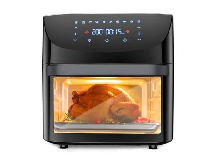 18L Heißluftfritteuse Backofen, Touchscreen & Drehspieß, Fettarme Zubereitung mit Sichtfenster 1800W, Spülmaschinenfestes, BPA-freies Zubehör, Schnelle Heißluftzirkulation, Vielseitiger Airfryer