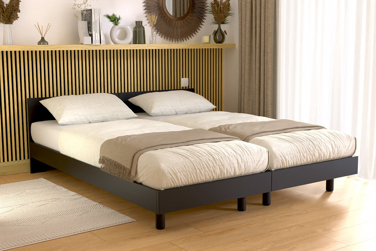 ABC MEUBLES Twinbetten Massivholz mit Kopfteil - 80x190 - Schwarz