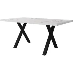 OKWISH Esstisch MDF und Metall Weiß in Marmoroptik, rechteckig, mit Kreuzbeinen, modern und vielseitig