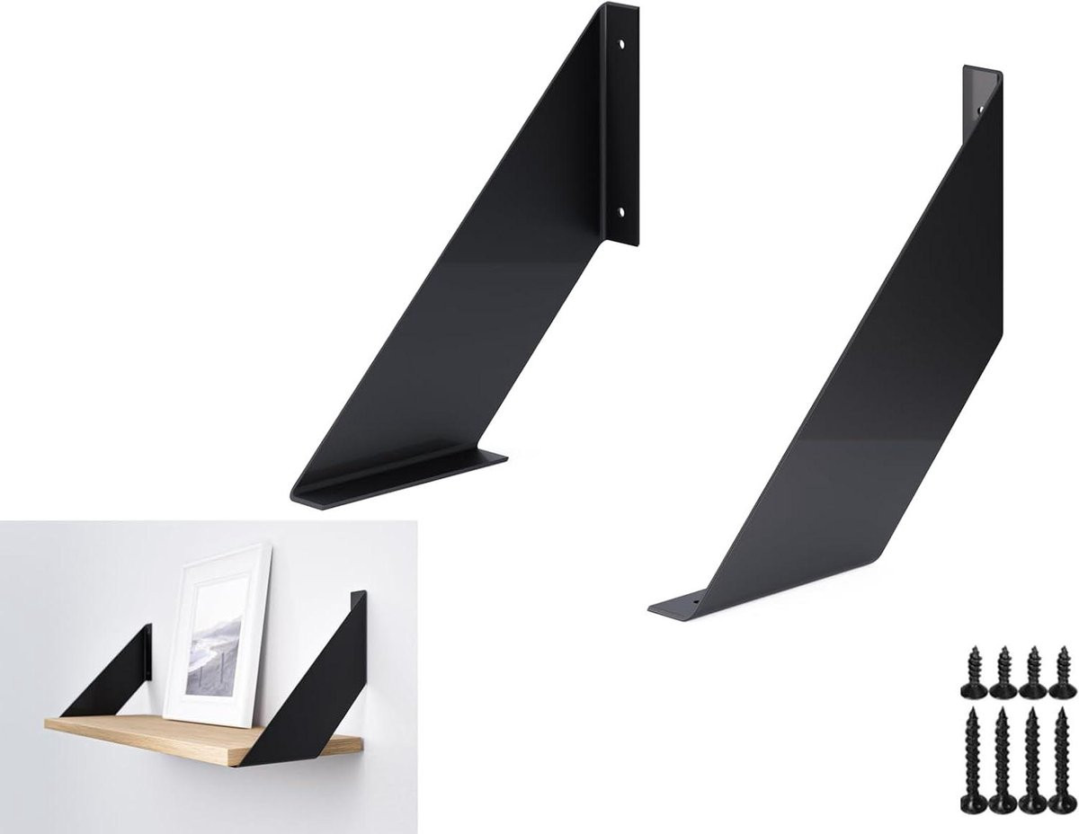 Set zwarte metalen wandsteunen voor planken - 20 x 20 cm