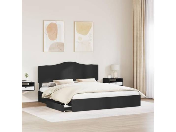 SKTQYQO Bettkasten Schwarz 200 x 200 cm Holz mehrschichtig Mit Kopfteil, integrierten Schubladen, robuste Struktur, einfache Reinigung