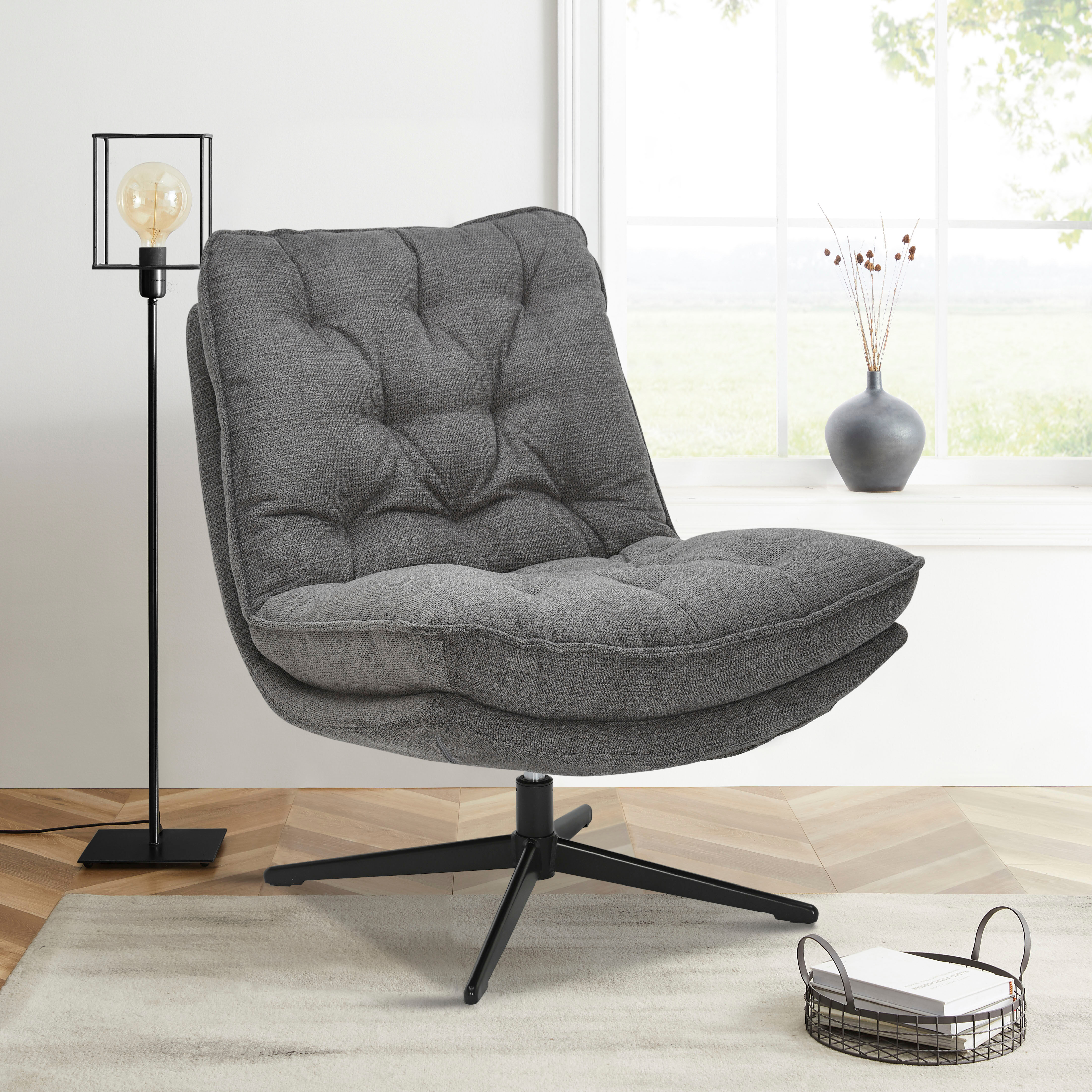 Sessel OTTO HOME "LENII, Loungesessel im soften Webstoff", grau (anthrazit), B:75cm H:87cm T:86cm, Sessel, Sessel, 360 Grad drehbar, Relax- und TV-Sessel