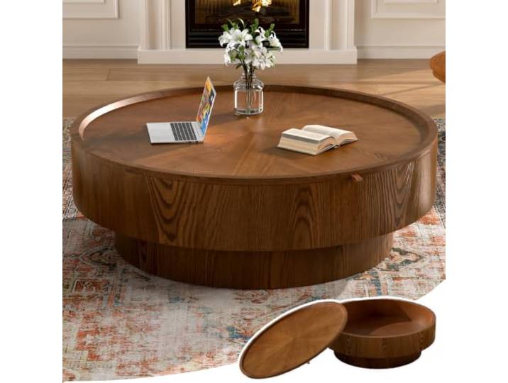 WUPDPQS 39 Runder Trommel Holz Couchtisch mit Stauraum Massivholzfurnier Runder Kaffeetisch mit Klappdeckel, Mid-Century Moderner Wohnzimmertisch Für kleine Räume