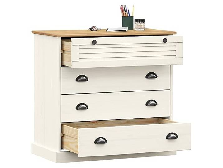 VIGO Kommode mit 4 Schubladen, Weiß, 80 x 40 x 76 cm Kiefer Massivholz Metallgriffe Design Belüftung für Schlafzimmer Wohnzimmer Eingang