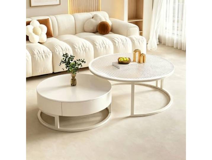 Set aus 2 modernen, runden Satztischen (Couch- und Beistelltische) Moderner Couchtisch mit Stauraum und Schubladen – vielseitiges Möbelstück für Wohnzimmer (B,19.7+27.6in)