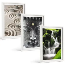 BILDER SET 3er Set - 40x60 cm Weißer Rahmen - Der Frieden der Steine des Buda Zen-Wasserfalls
