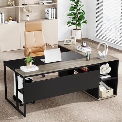 Jiallo 71 inch Executive Desk, L Shaped Desk with Cabinet Storage, Gray and Black