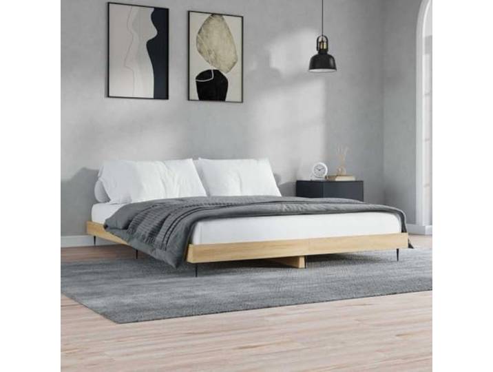 RJPLMFV Bettgestell Sonoma-Eiche, 200 x 200 cm, ohne Matratze Langlebiges Holzwerkstoff, robuste Metallbeine, Sperrholzlatten inklusive, Lattenrost
