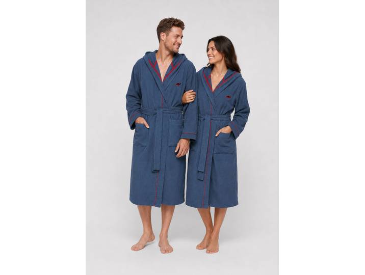 Unisex-Bademantel KANGAROOS Luke, ideal für Sauna & Spa, Hotelbademantel, Morgenmantel Gr. S, blau (navy), L:120cm, Walkfrottee, Hausmäntel, Unisex-Bademantel, für Damen & Herren, Bademantel mit Kapuze & Logostickerei,S-2XL