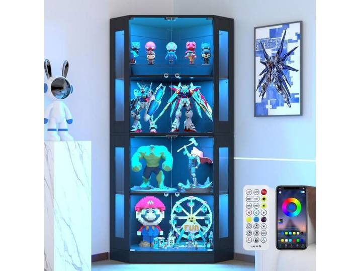 Vitrine d'Angle en Verre - Vitrine d'Exposition -VOWNER- Meuble Rangement LED - Meuble Figurine Collection - Noir