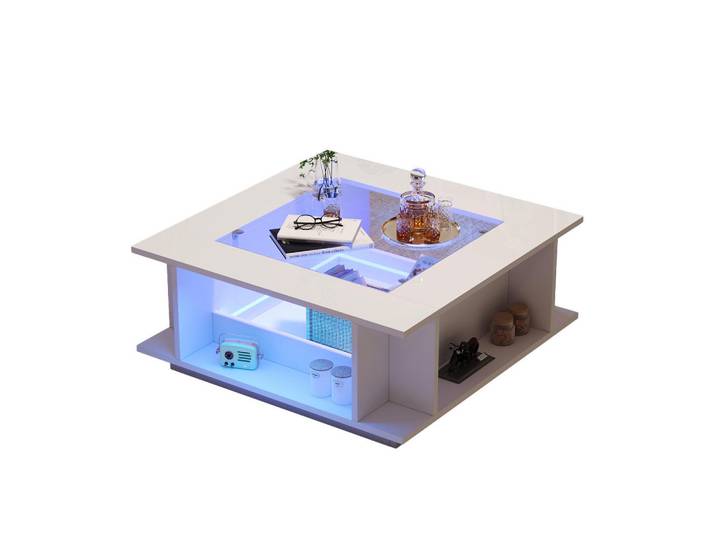 Evryae Couchtisch mit Hochglanz Weiß und Glasplatte integrierten Ablagen LED-Beleuchtung 70/70/30 cm, Glas, Rechteckig,Quadratisch, 70x30x70 cm, Wohnzimmer, Wohnzimmertische, Couchtische