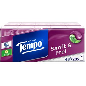 Tempo Taschentücher Sanft und Frei, mit Eukalyptus, Päckchen, Zellstoff, 4-lagig, waschmaschinenfest, je 9 Tücher, 20 Stück