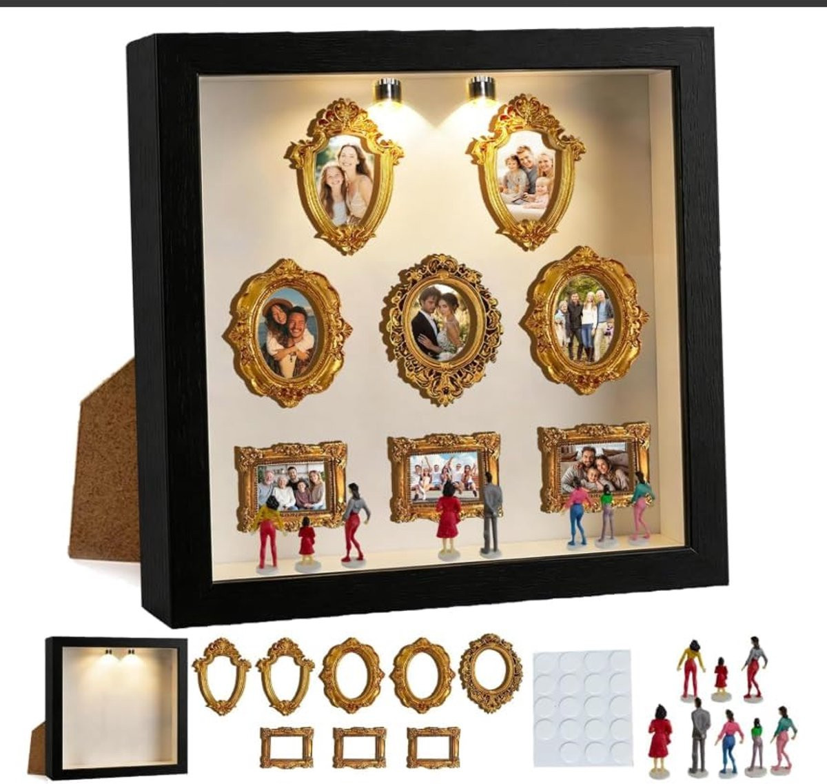 Mini Museum Box Herinneringslijst met LED-licht en 8 Frames - Goud